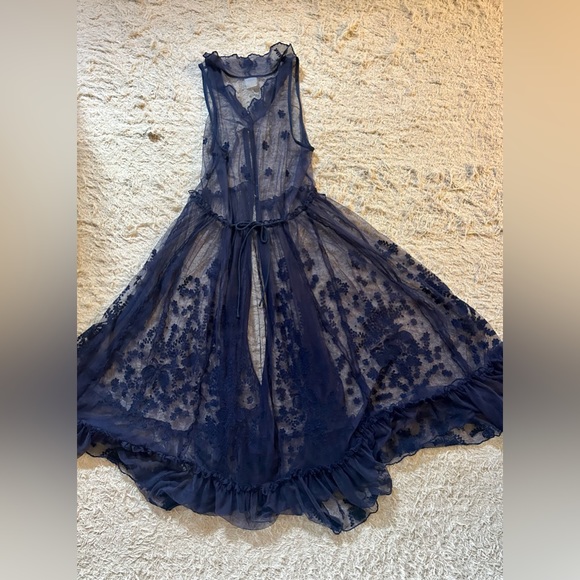 Free People Intimately Maxi Button Front Mesh Slip Dress w/ Collar Sz Small Navy - Picture 8 of 10